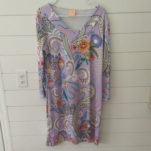 Parisou Multicolor Long Sleeve Orchid Lavender Floral Dress Large
